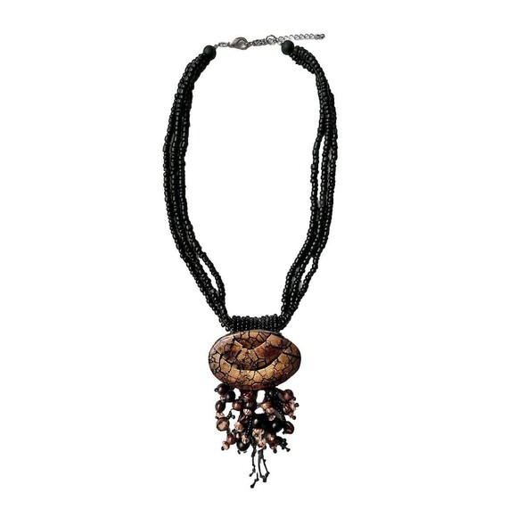 Unbranded Jewelry - Vintage 80s Wooden Bead Medallion Necklace Natural Exotic Chunky Tribal 3 Strand